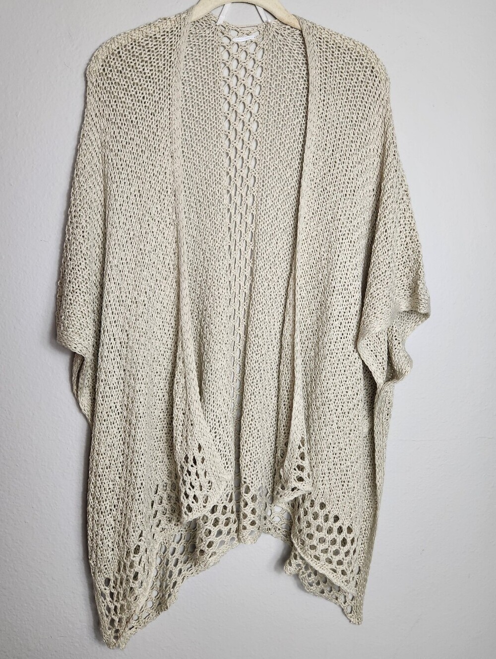 Soft Open Knit Crochet Beige Open Dolman Short Sleeve Coastal Kimono Cardigan